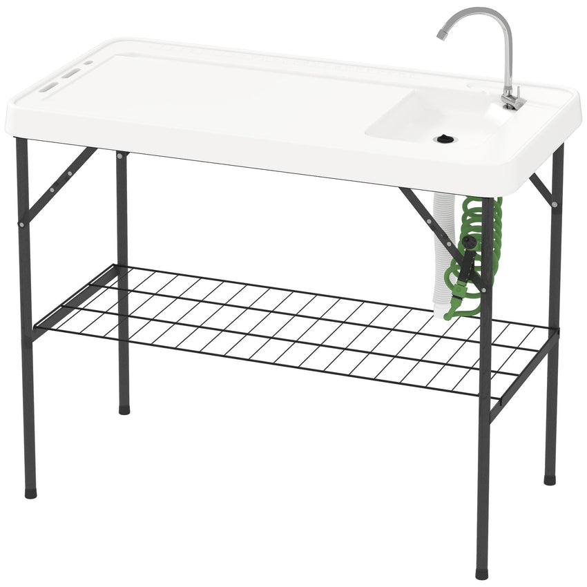 Outsunny Folding Fish Cleaning Table with Sink, Portable Camping Table with Faucet, Drainage Hose, Sprayer and Shelf, White - 7DAY'S