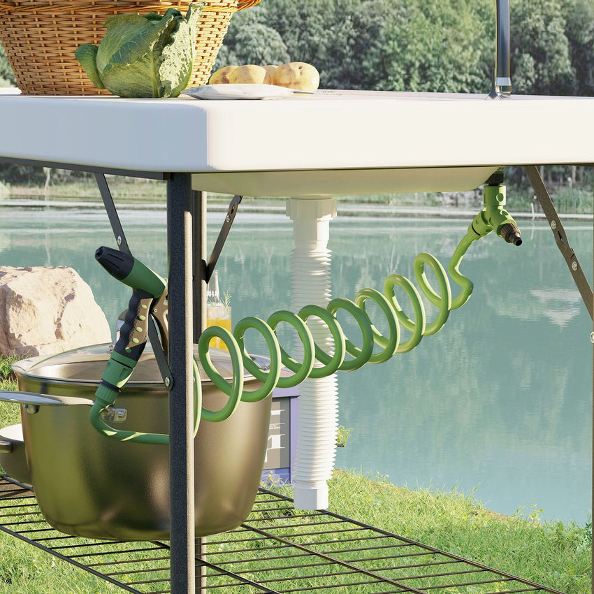 Outsunny Folding Fish Cleaning Table with Sink, Portable Camping Table with Faucet, Drainage Hose, Sprayer and Shelf, White - 7DAY'S