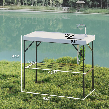 Outsunny Folding Fish Cleaning Table with Sink, Portable Camping Table with Faucet, Drainage Hose, Sprayer and Shelf, White - 7DAY'S