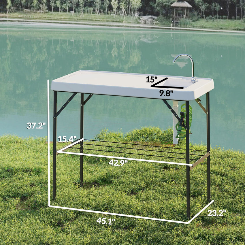 Outsunny Folding Fish Cleaning Table with Sink, Portable Camping Table with Faucet, Drainage Hose, Sprayer and Shelf, White - 7DAY'S
