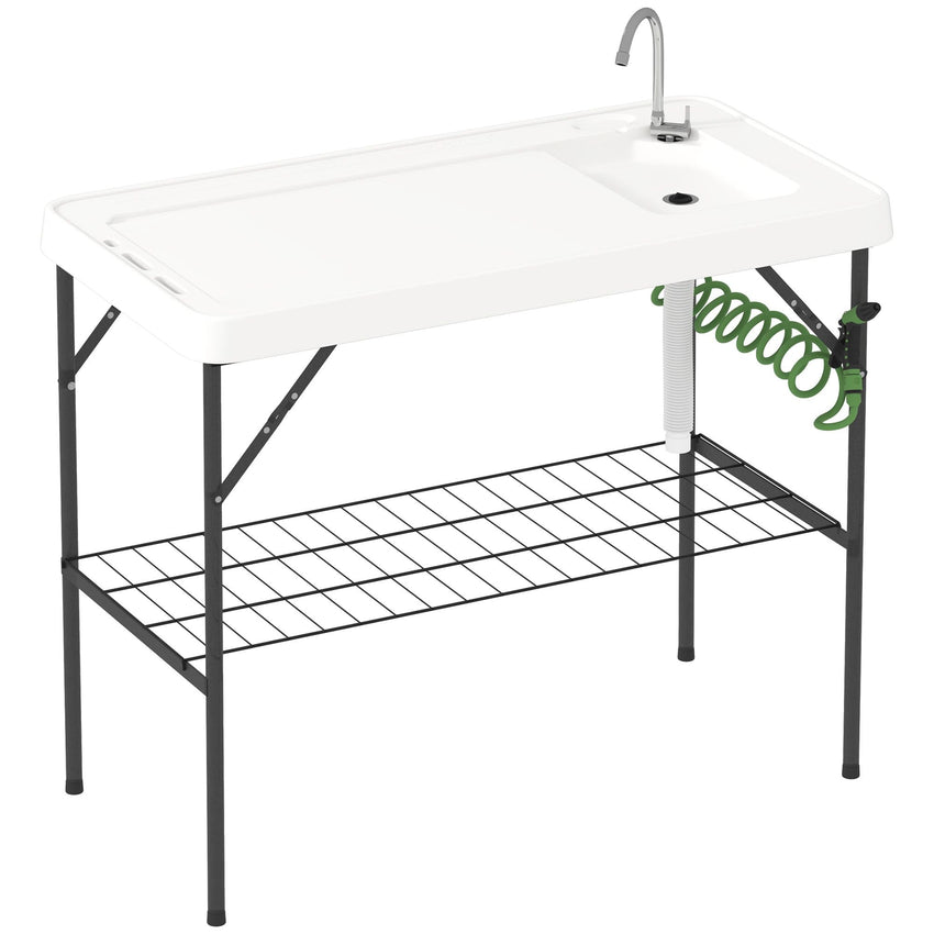 Outsunny Folding Fish Cleaning Table with Sink, Portable Camping Table with Faucet, Drainage Hose, Sprayer and Shelf, White - 7DAY'S