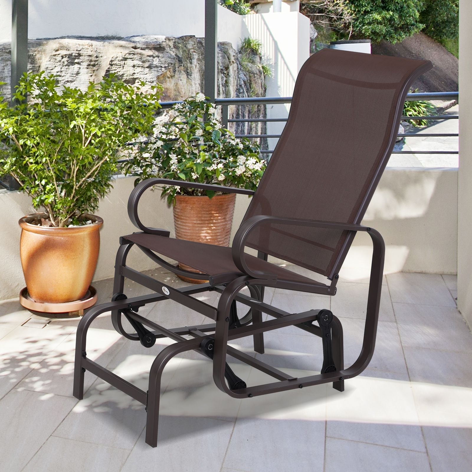 Outsunny Gliding Lounger Chair, Outdoor Swinging Chair with Smooth Rocking Arms and Lightweight Construction for Patio Backyard, Brown - 7DAY'S
