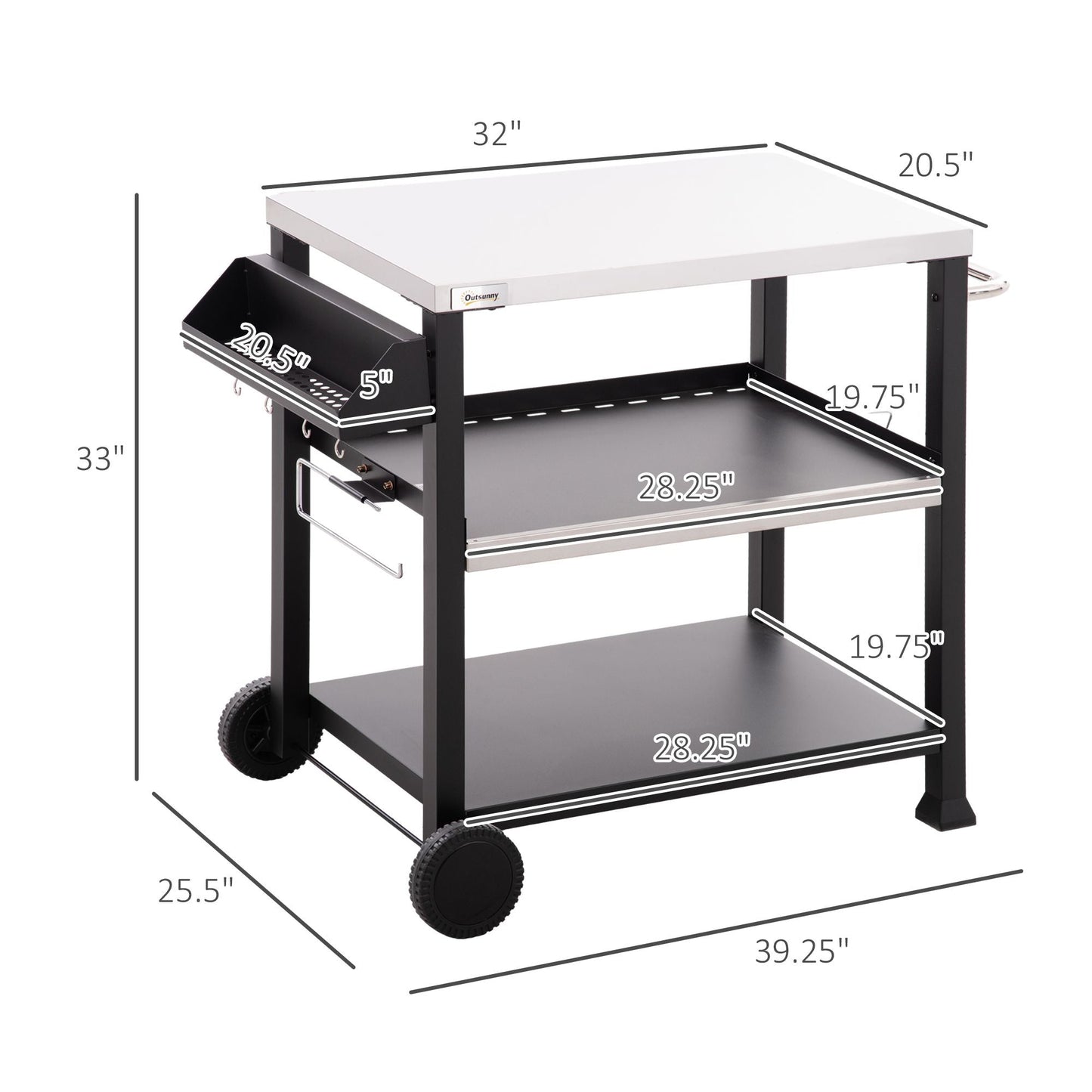 Outsunny Grill Cart Table Outdoor, 3 - Shelf Stainless Steel, Pizza Oven Stand, Black with BBQ Wheels & Side Handle - 7DAY'S