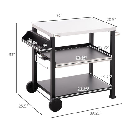 Outsunny Grill Cart Table Outdoor, 3 - Shelf Stainless Steel, Pizza Oven Stand, Black with BBQ Wheels & Side Handle - 7DAY'S