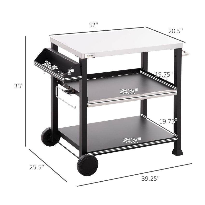 Outsunny Grill Cart Table Outdoor, 3 - Shelf Stainless Steel, Pizza Oven Stand, Black with BBQ Wheels & Side Handle - 7DAY'S