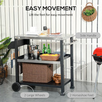 Outsunny Grill Cart Table Outdoor, 3 - Shelf Stainless Steel, Pizza Oven Stand, Black with BBQ Wheels & Side Handle - 7DAY'S