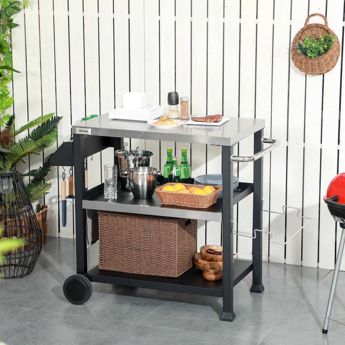 Outsunny Grill Cart Table Outdoor, 3 - Shelf Stainless Steel, Pizza Oven Stand, Black with BBQ Wheels & Side Handle - 7DAY'S