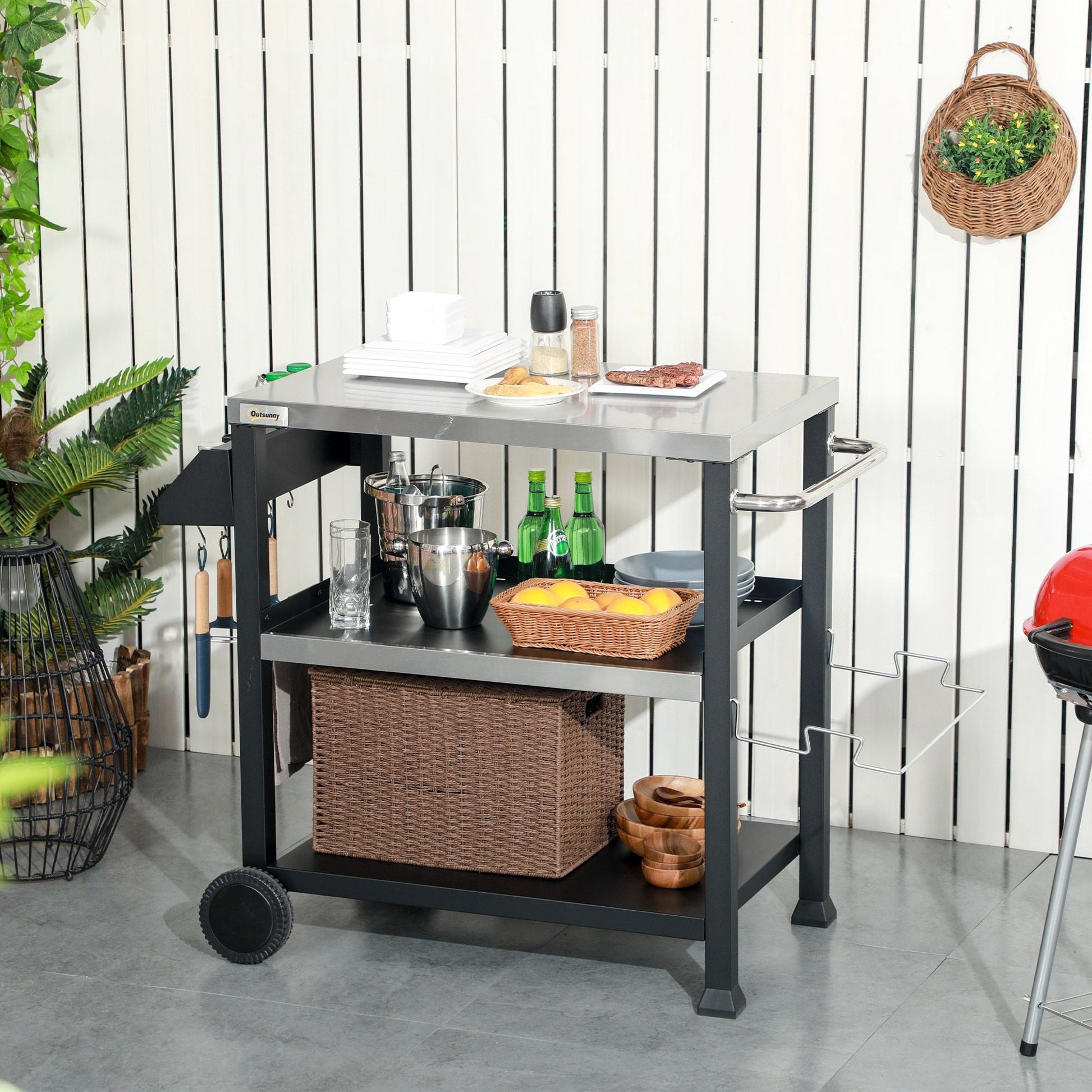 Outsunny Grill Cart Table Outdoor, 3 - Shelf Stainless Steel, Pizza Oven Stand, Black with BBQ Wheels & Side Handle - 7DAY'S