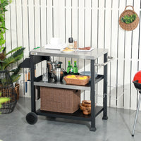 Outsunny Grill Cart Table Outdoor, 3 - Shelf Stainless Steel, Pizza Oven Stand, Black with BBQ Wheels & Side Handle - 7DAY'S