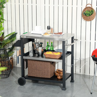 Outsunny Grill Cart Table Outdoor, 3 - Shelf Stainless Steel, Pizza Oven Stand, Black with BBQ Wheels & Side Handle - 7DAY'S