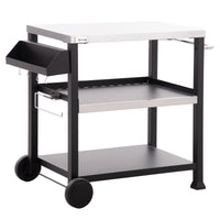 Outsunny Grill Cart Table Outdoor, 3 - Shelf Stainless Steel, Pizza Oven Stand, Black with BBQ Wheels & Side Handle - 7DAY'S