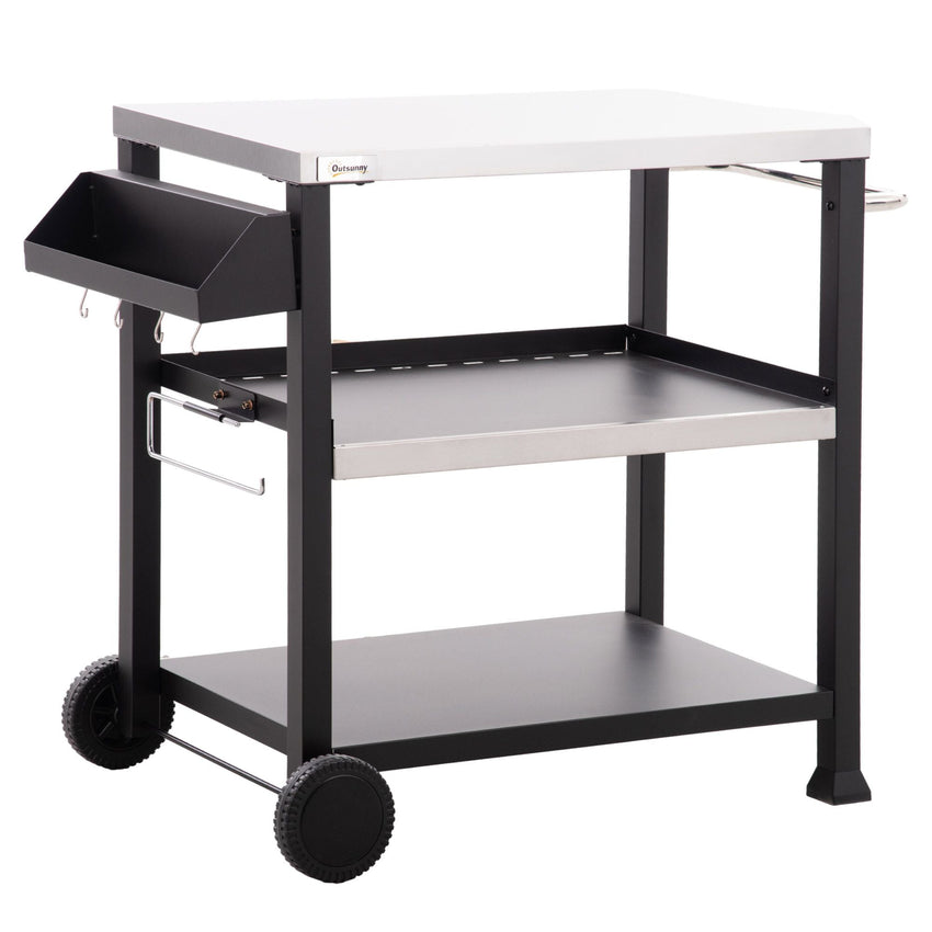 Outsunny Grill Cart Table Outdoor, 3 - Shelf Stainless Steel, Pizza Oven Stand, Black with BBQ Wheels & Side Handle - 7DAY'S