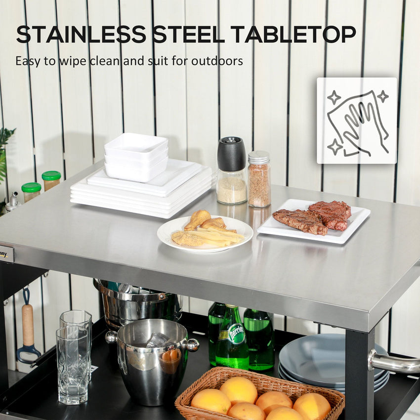Outsunny Grill Cart Table Outdoor, 3 - Shelf Stainless Steel, Pizza Oven Stand, Black with BBQ Wheels & Side Handle - 7DAY'S