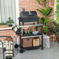Outsunny Grill Cart Table Outdoor, 3 - Shelf Stainless Steel, Pizza Oven Stand, Black with BBQ Wheels & Side Handle - 7DAY'S