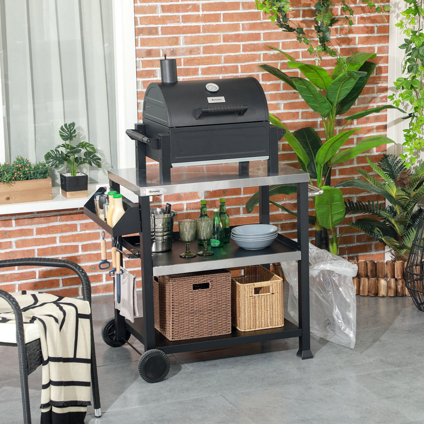 Outsunny Grill Cart Table Outdoor, 3 - Shelf Stainless Steel, Pizza Oven Stand, Black with BBQ Wheels & Side Handle - 7DAY'S