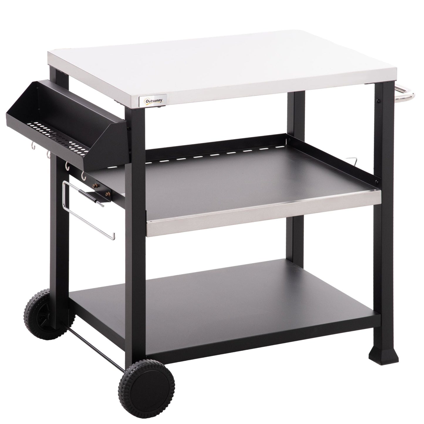 Outsunny Grill Cart Table Outdoor, 3 - Shelf Stainless Steel, Pizza Oven Stand, Black with BBQ Wheels & Side Handle - 7DAY'S