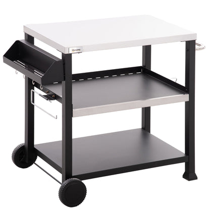 Outsunny Grill Cart Table Outdoor, 3 - Shelf Stainless Steel, Pizza Oven Stand, Black with BBQ Wheels & Side Handle - 7DAY'S