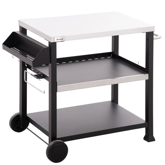 Outsunny Grill Cart Table Outdoor, 3 - Shelf Stainless Steel, Pizza Oven Stand, Black with BBQ Wheels & Side Handle - 7DAY'S