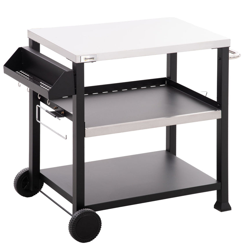 Outsunny Grill Cart Table Outdoor, 3 - Shelf Stainless Steel, Pizza Oven Stand, Black with BBQ Wheels & Side Handle - 7DAY'S