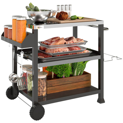 Outsunny Grill Cart Table Outdoor, 3 - Shelf Stainless Steel, Pizza Oven Stand, Black with BBQ Wheels & Side Handle - 7DAY'S