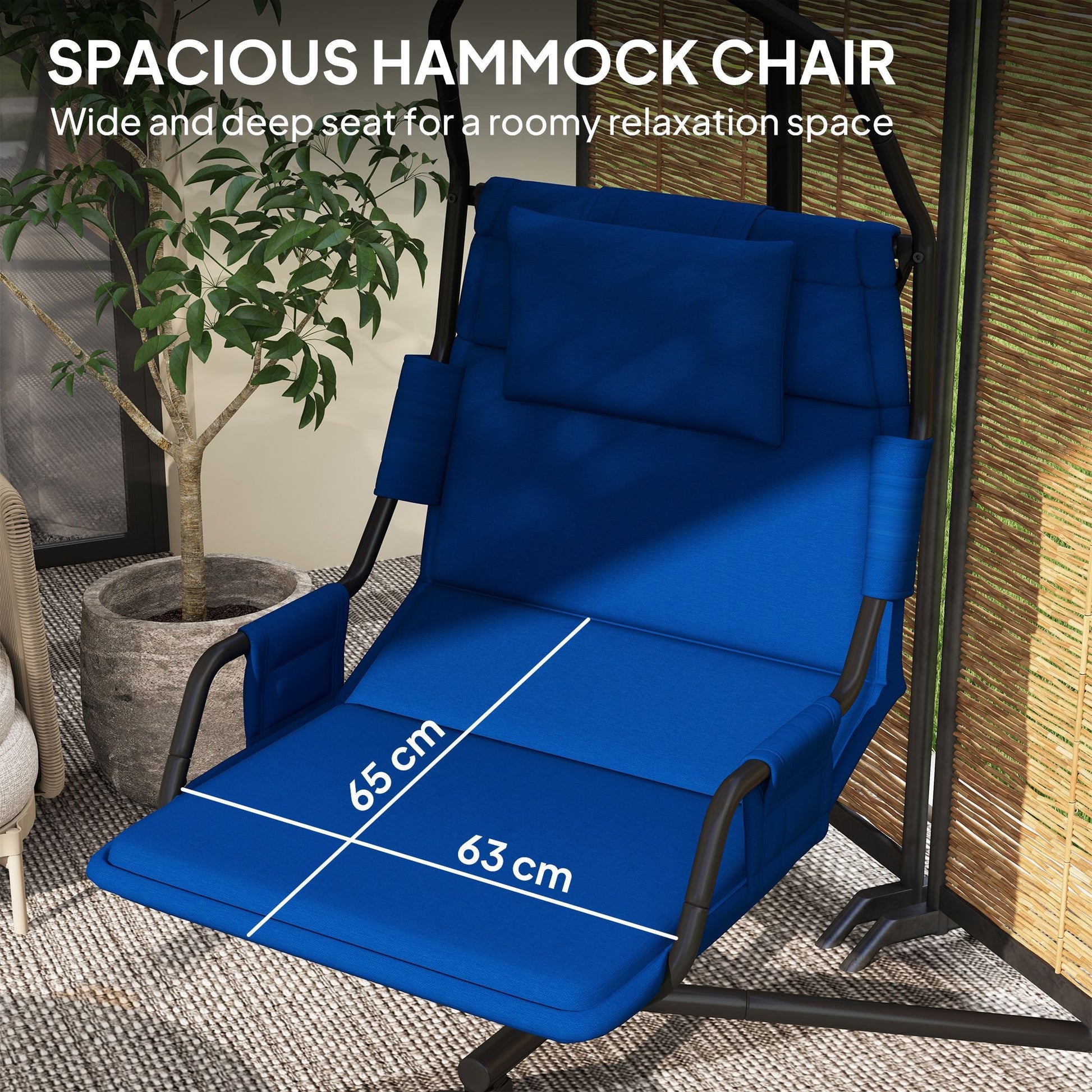 Outsunny Hammock Chair with Stand and PA Coating Cushion, Hanging Swing Chair with Steel Frame for Indoor and Outdoor, Dark Blue - 7DAY'S