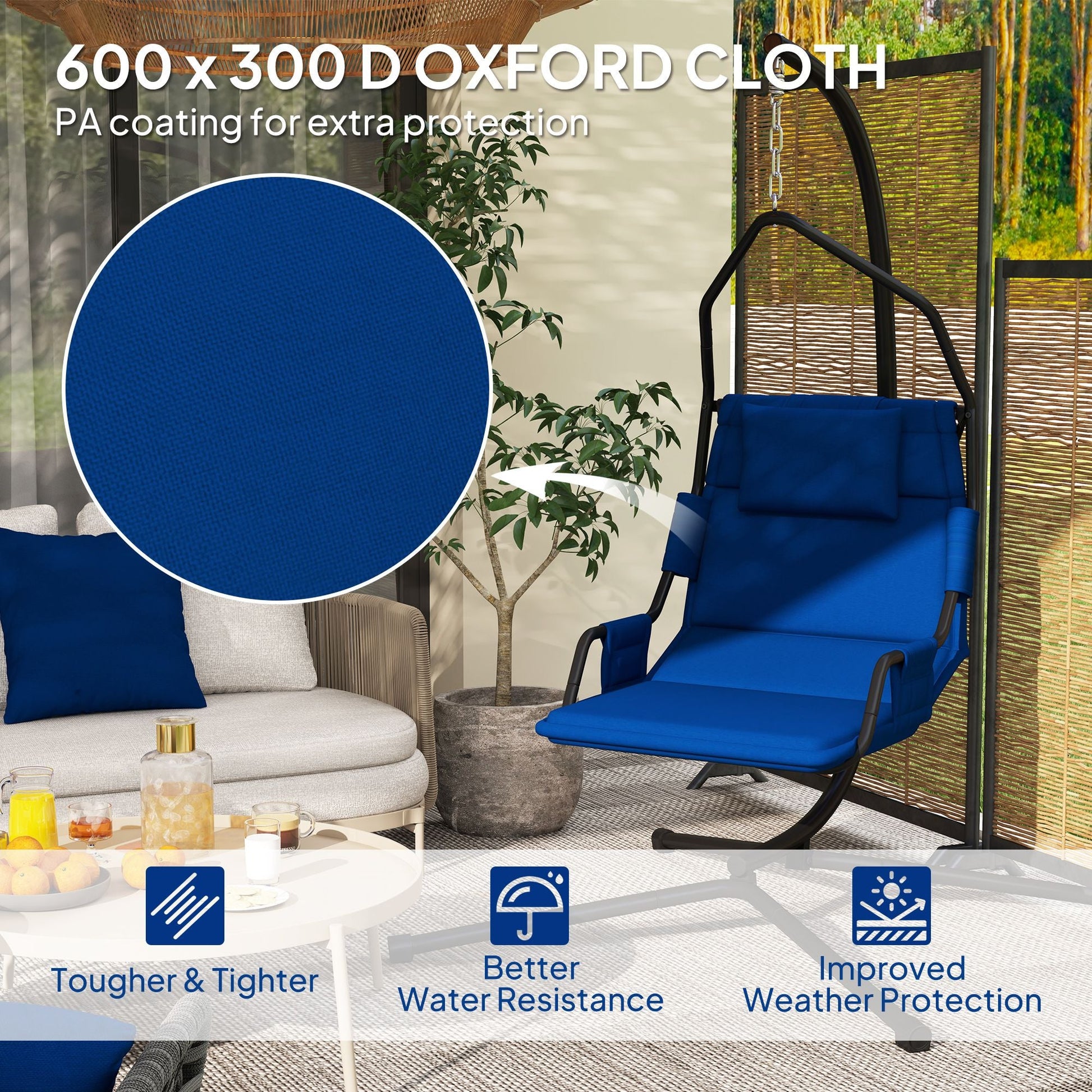 Outsunny Hammock Chair with Stand and PA Coating Cushion, Hanging Swing Chair with Steel Frame for Indoor and Outdoor, Dark Blue - 7DAY'S