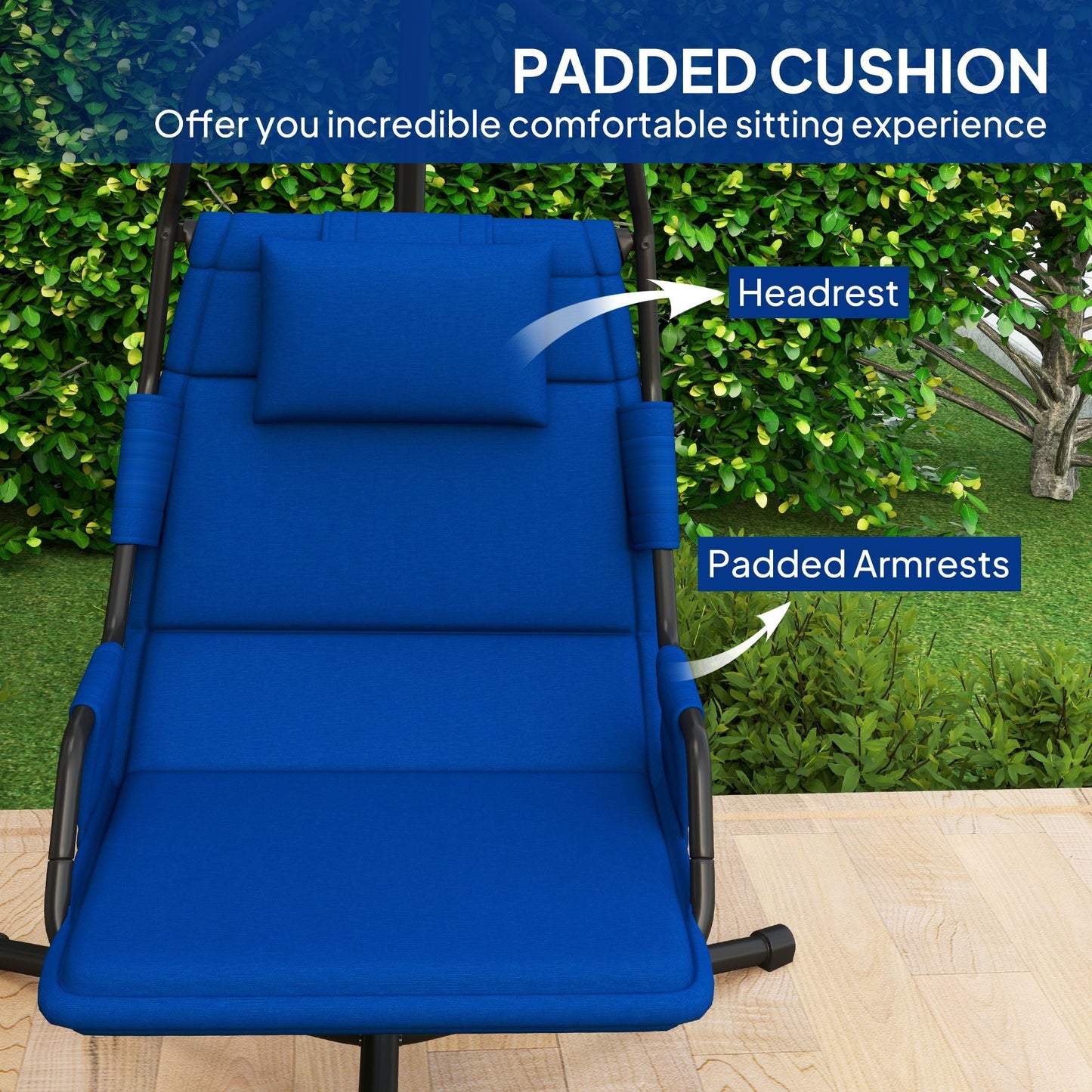 Outsunny Hammock Chair with Stand and PA Coating Cushion, Hanging Swing Chair with Steel Frame for Indoor and Outdoor, Dark Blue - 7DAY'S