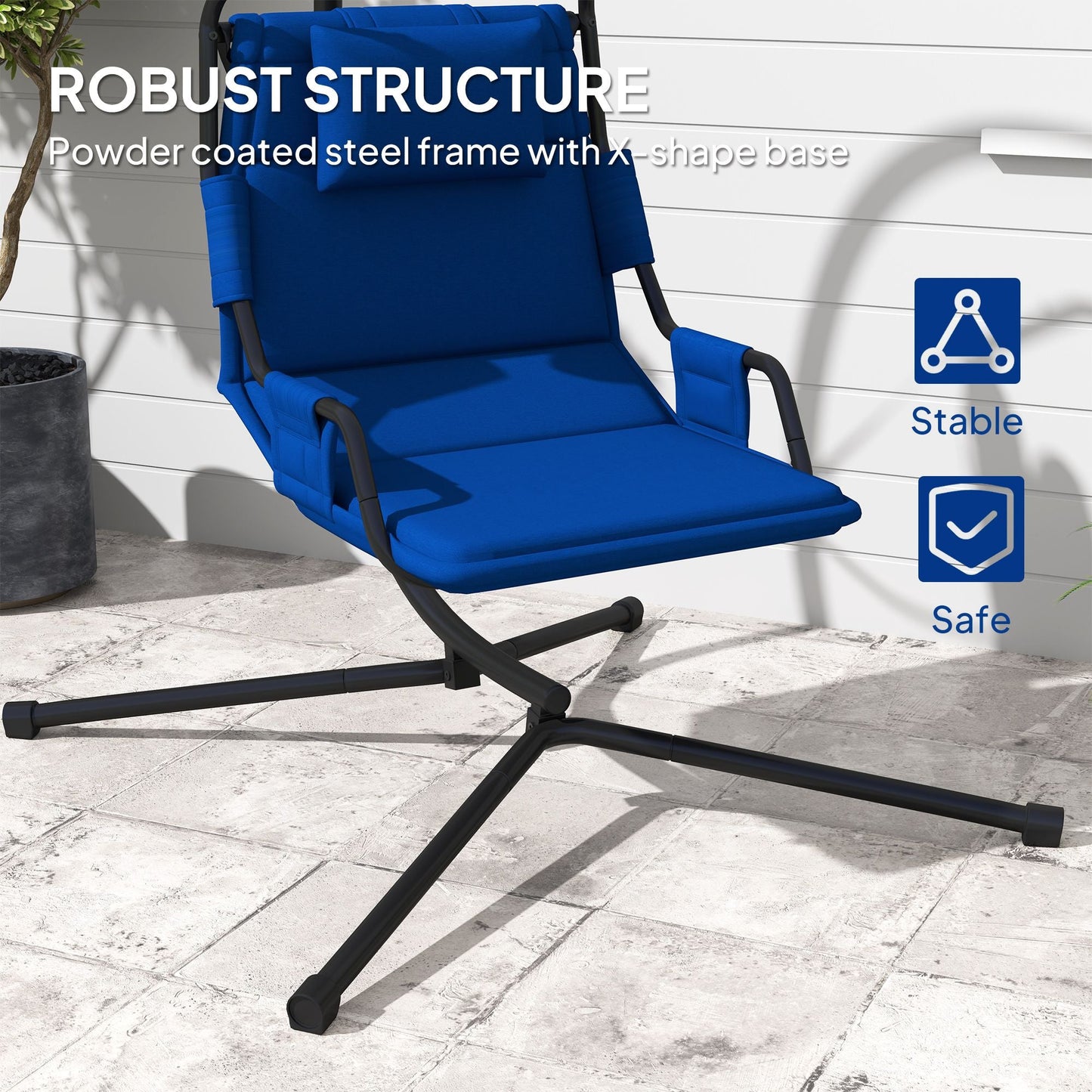 Outsunny Hammock Chair with Stand and PA Coating Cushion, Hanging Swing Chair with Steel Frame for Indoor and Outdoor, Dark Blue - 7DAY'S