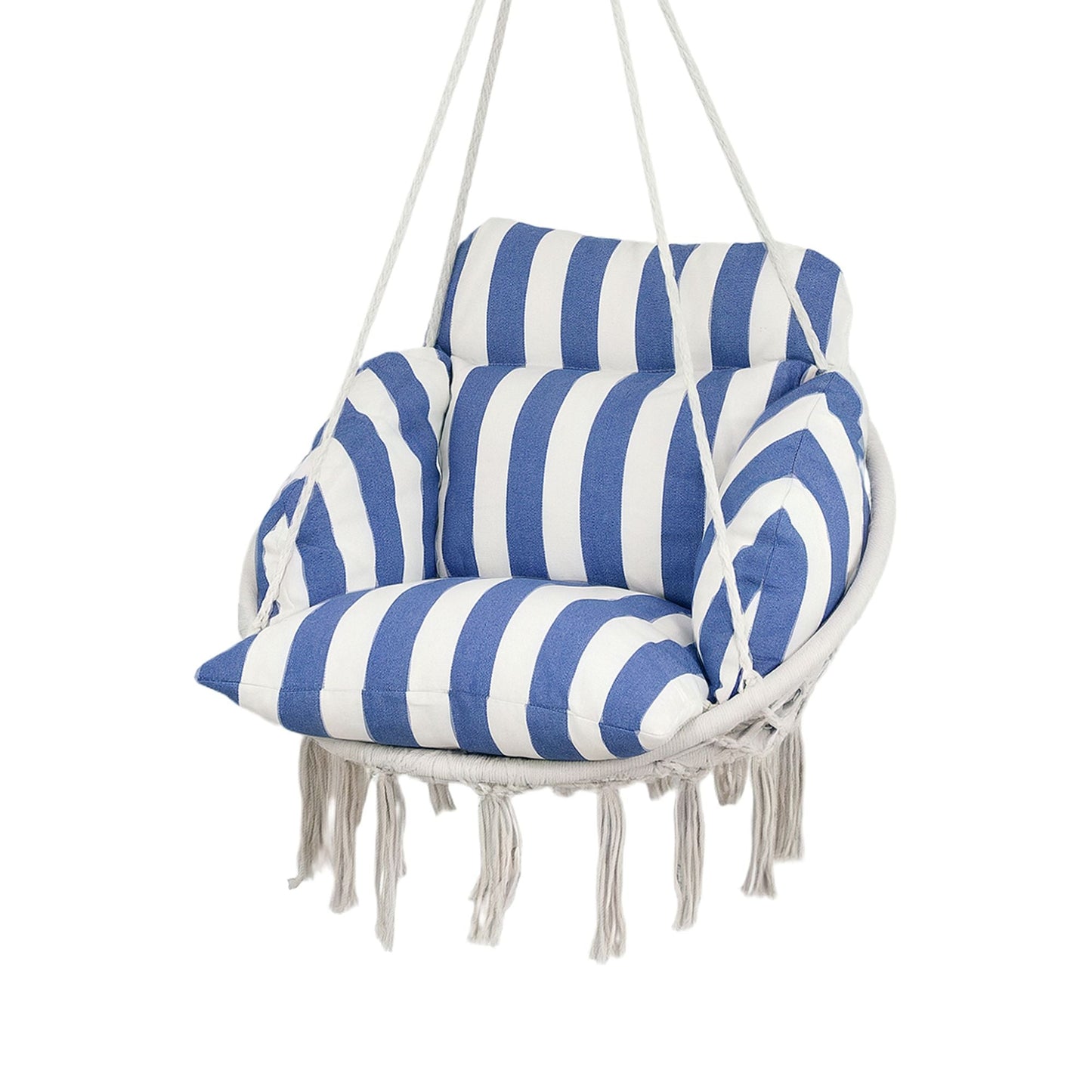 Outsunny Hammock Swing Chair, Macrame Hanging Chair with Large Cushion, Chain, Steel Frame for Indoor Outdoor Use, Blue and White - 7DAY'S