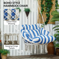 Outsunny Hammock Swing Chair, Macrame Hanging Chair with Large Cushion, Chain, Steel Frame for Indoor Outdoor Use, Blue and White - 7DAY'S