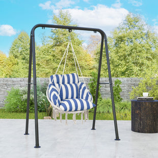 Outsunny Hammock Swing Chair, Macrame Hanging Chair with Large Cushion, Chain, Steel Frame for Indoor Outdoor Use, Blue and White - 7DAY'S