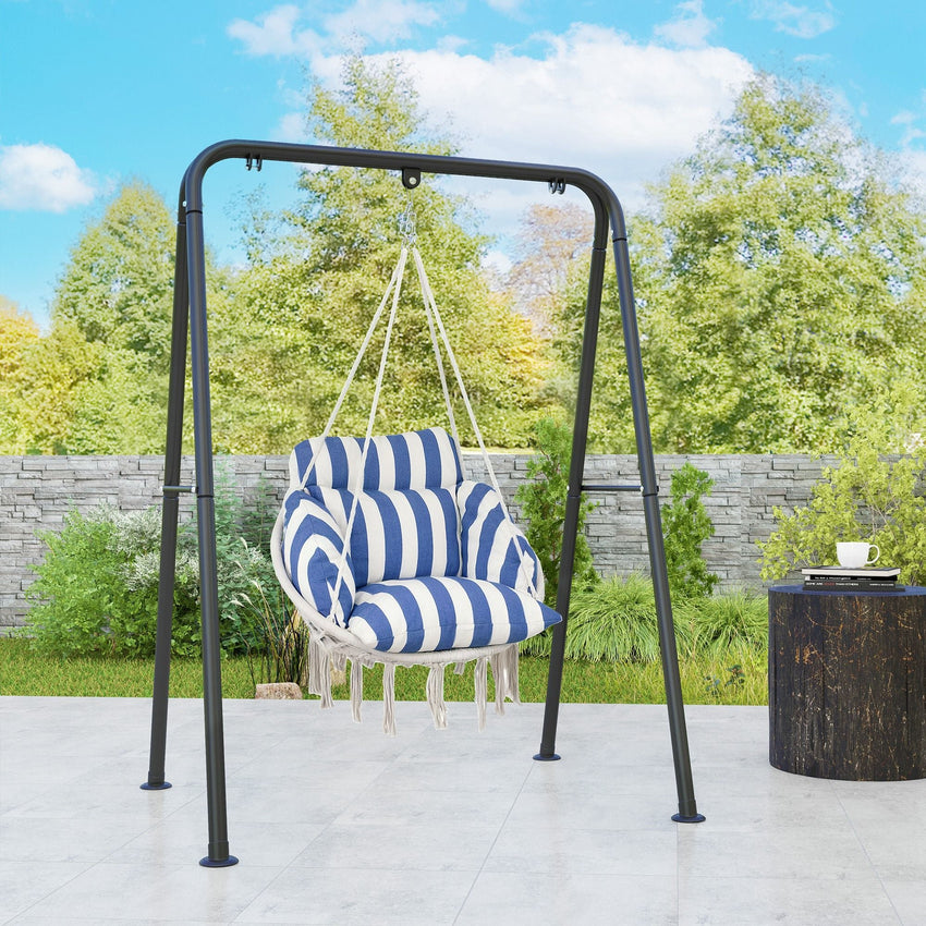 Outsunny Hammock Swing Chair, Macrame Hanging Chair with Large Cushion, Chain, Steel Frame for Indoor Outdoor Use, Blue and White - 7DAY'S