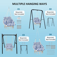 Outsunny Hammock Swing Chair, Macrame Hanging Chair with Large Cushion, Chain, Steel Frame for Indoor Outdoor Use, Blue and White - 7DAY'S