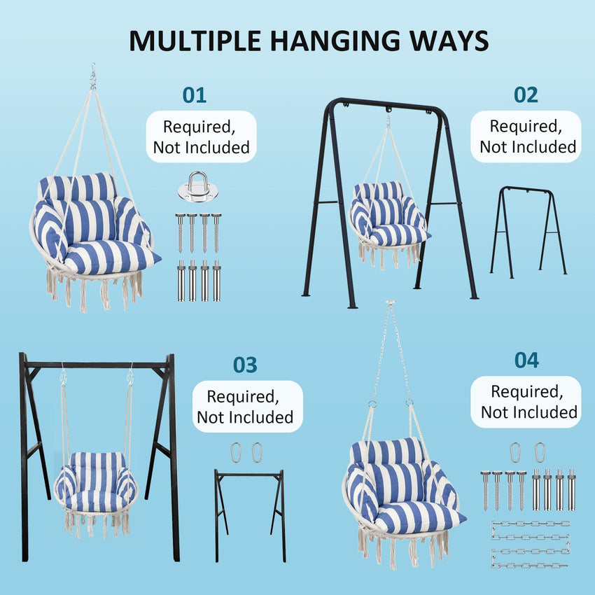 Outsunny Hammock Swing Chair, Macrame Hanging Chair with Large Cushion, Chain, Steel Frame for Indoor Outdoor Use, Blue and White - 7DAY'S