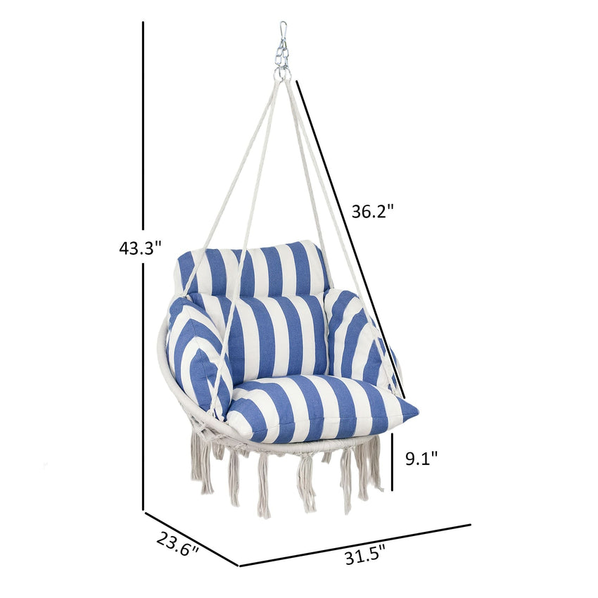 Outsunny Hammock Swing Chair, Macrame Hanging Chair with Large Cushion, Chain, Steel Frame for Indoor Outdoor Use, Blue and White - 7DAY'S