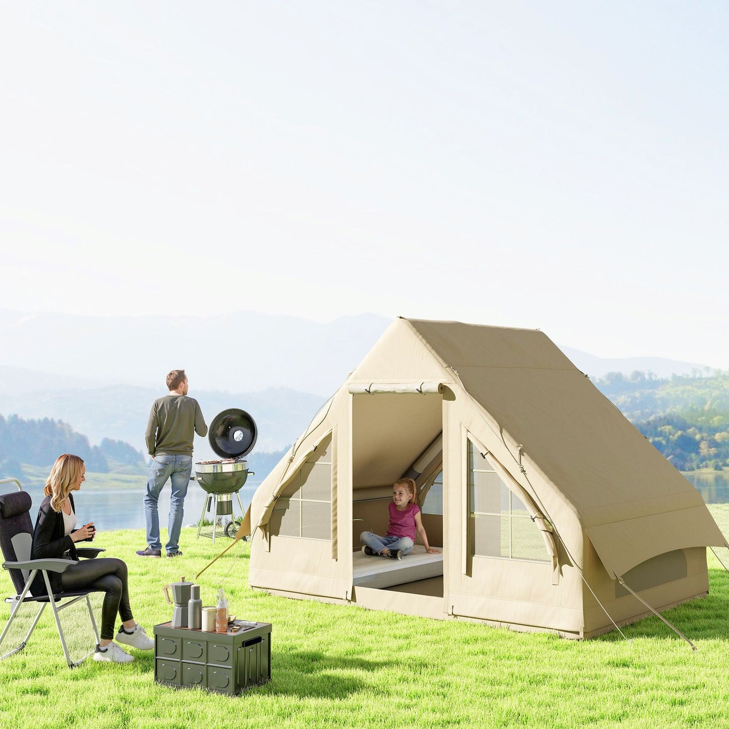 Outsunny Inflatable Camping Tent with Hand Pump, 4 Season Blow Up Tent, Waterproof and Windproof with Mesh Windows and Doors - 7DAY'S