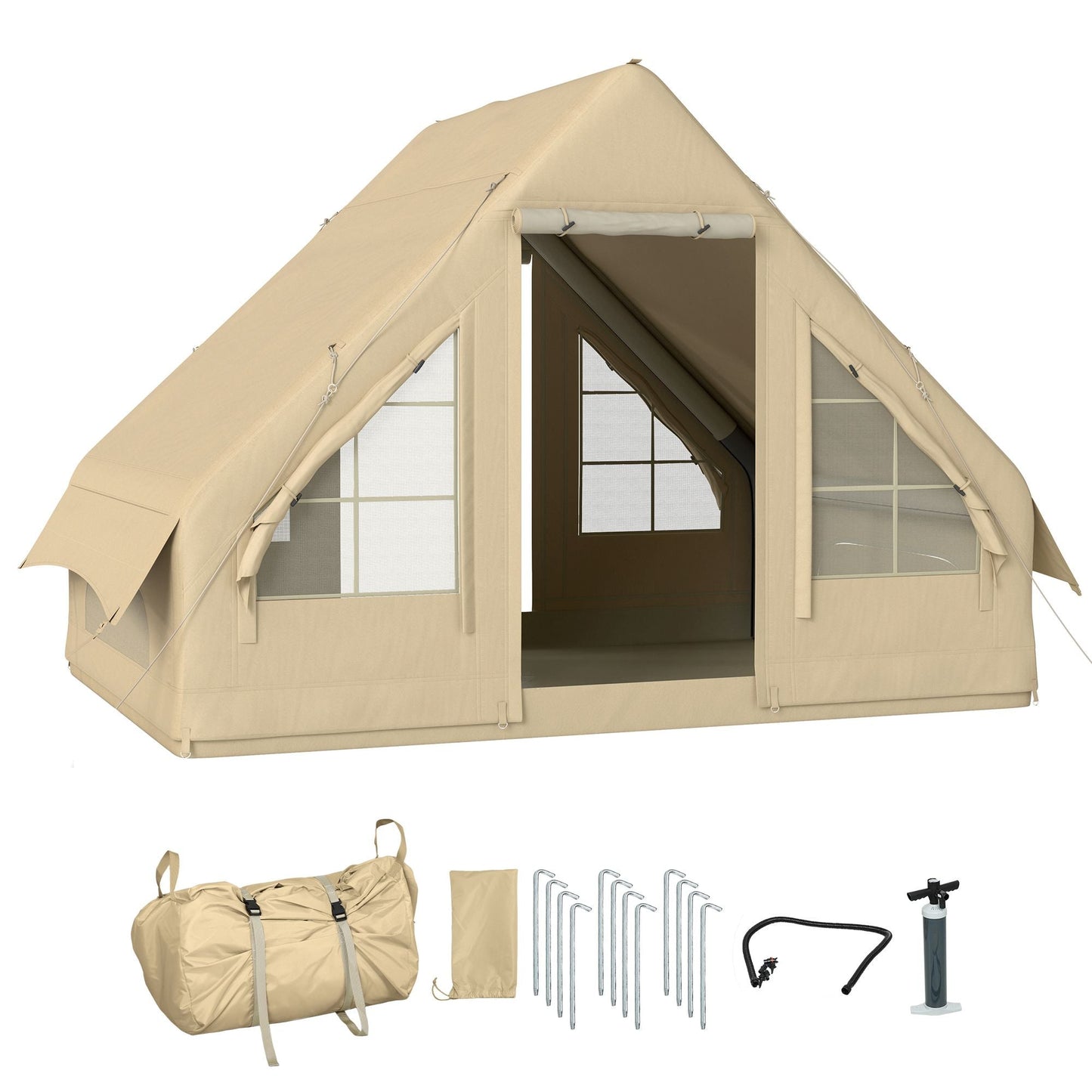 Outsunny Inflatable Camping Tent with Hand Pump, 4 Season Blow Up Tent, Waterproof and Windproof with Mesh Windows and Doors - 7DAY'S