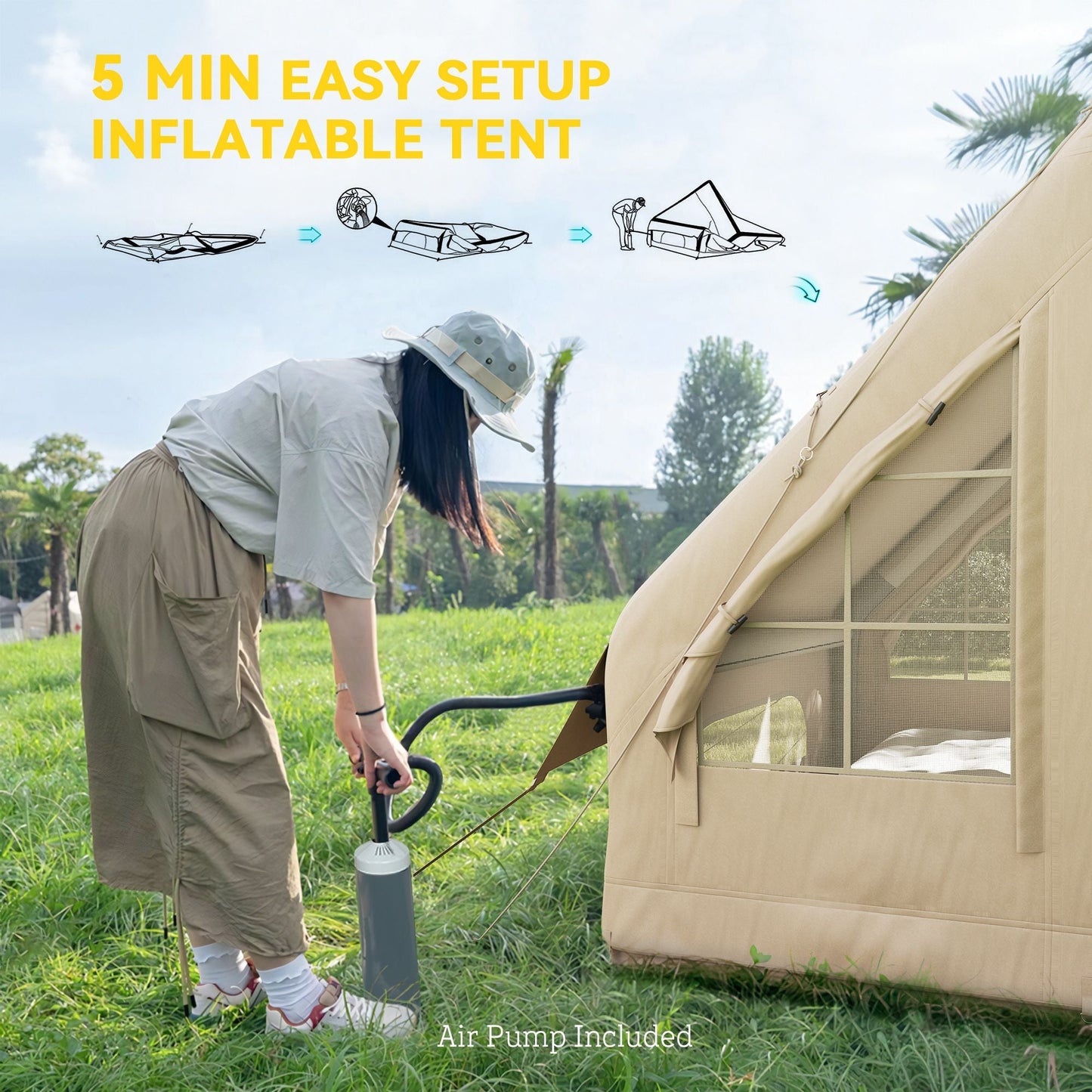 Outsunny Inflatable Camping Tent with Hand Pump, 4 Season Blow Up Tent, Waterproof and Windproof with Mesh Windows and Doors - 7DAY'S