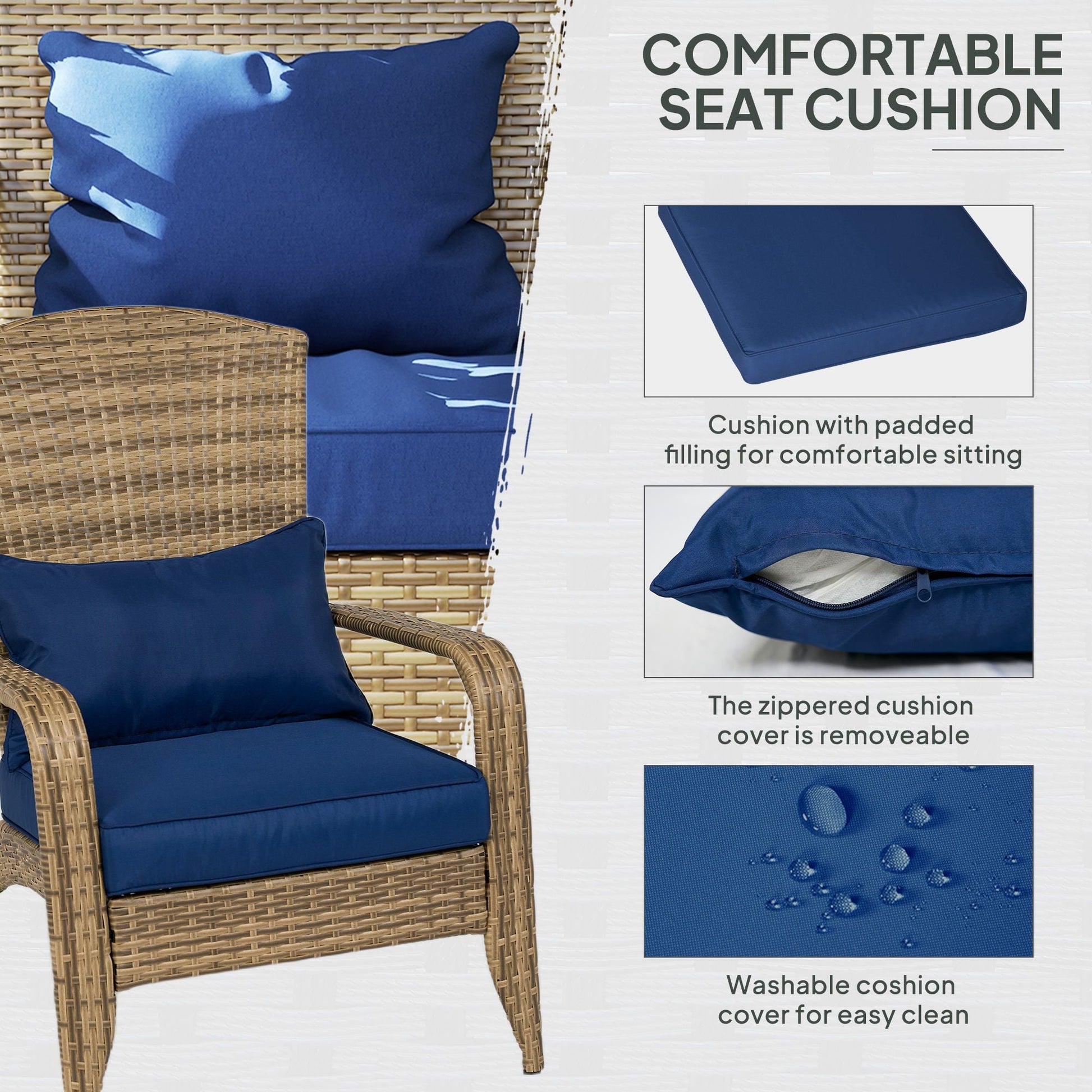 Outsunny Patio Adirondack Chair with Rattan Wicker, Soft Cushions, Tall Curved Backrest for Deck or Garden, Dark Blue - 7DAY'S