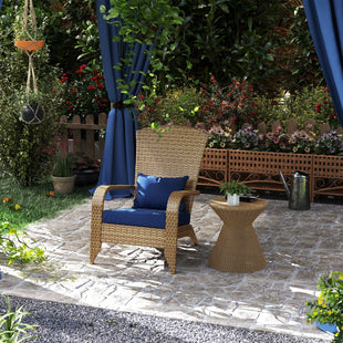 Outsunny Patio Adirondack Chair with Rattan Wicker, Soft Cushions, Tall Curved Backrest for Deck or Garden, Dark Blue - 7DAY'S