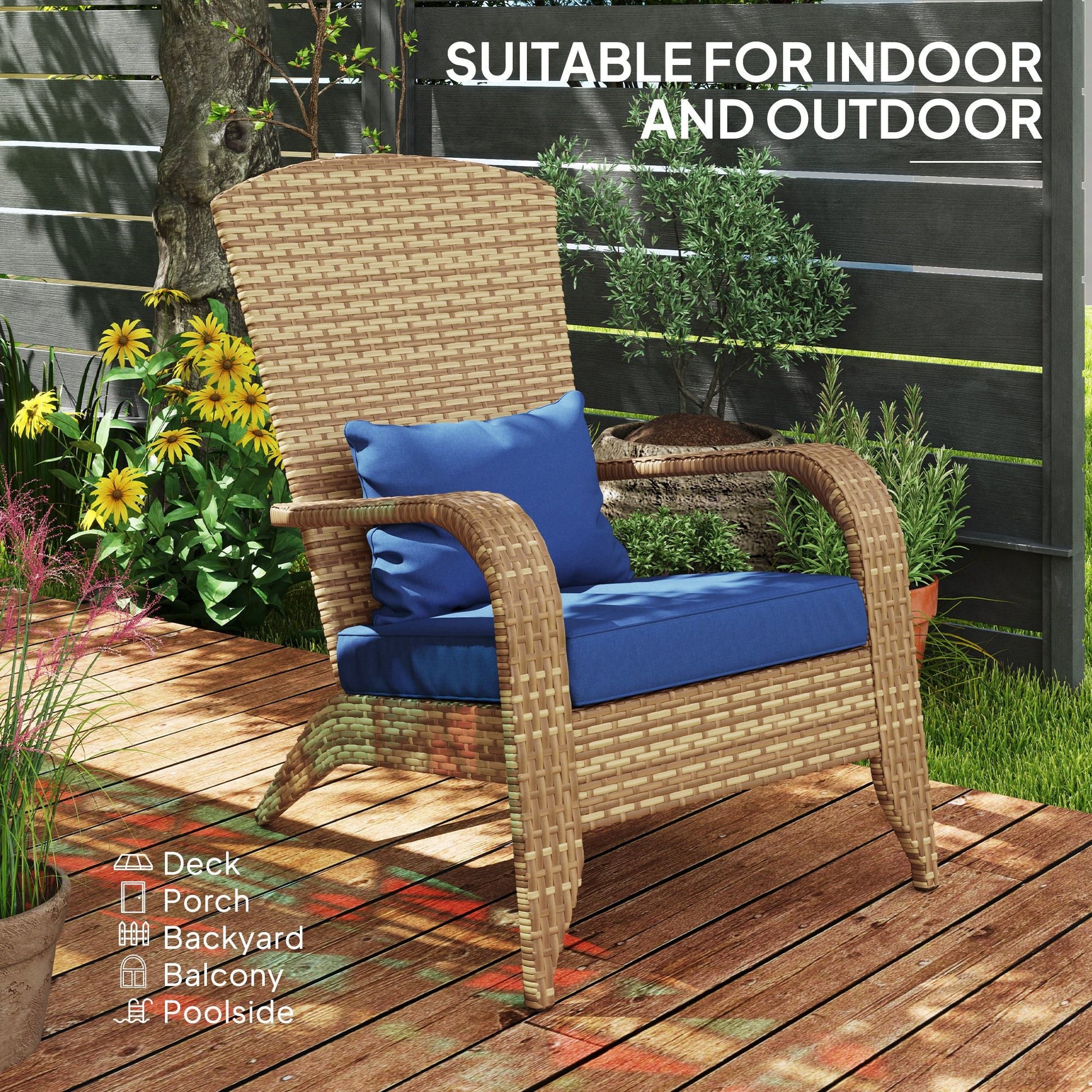 Outsunny Patio Adirondack Chair with Rattan Wicker, Soft Cushions, Tall Curved Backrest for Deck or Garden, Dark Blue - 7DAY'S