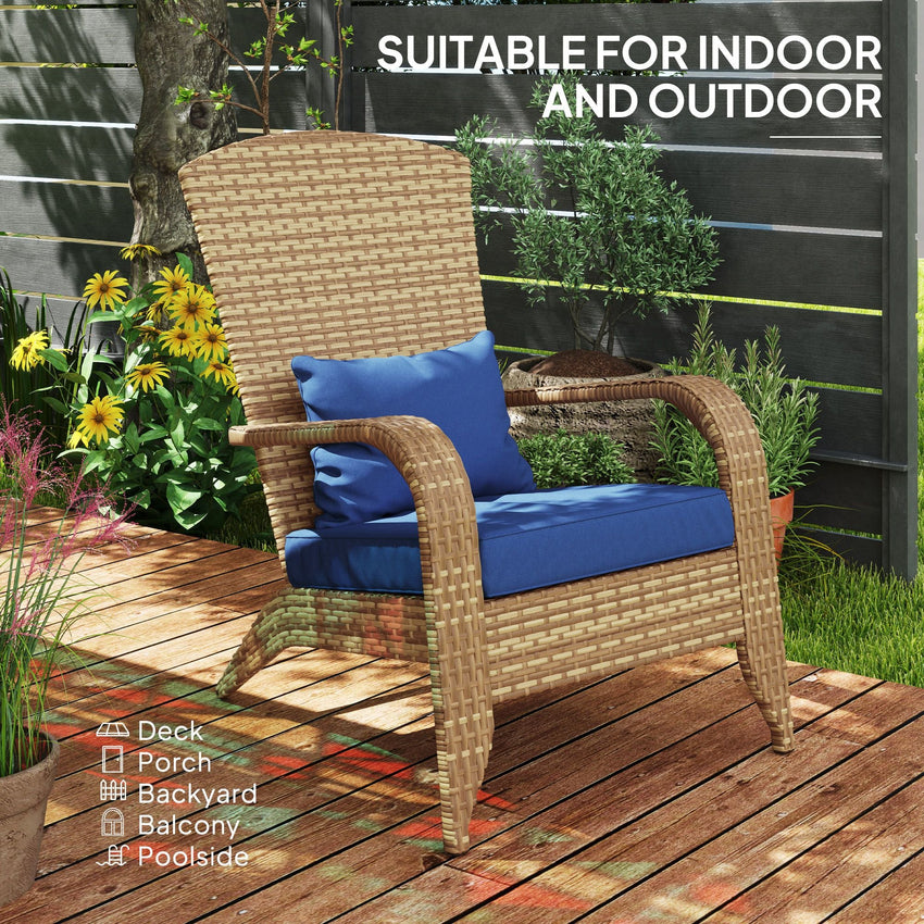 Outsunny Patio Adirondack Chair with Rattan Wicker, Soft Cushions, Tall Curved Backrest for Deck or Garden, Dark Blue - 7DAY'S