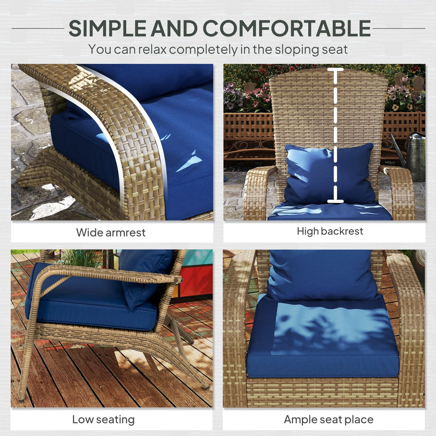 Outsunny Patio Adirondack Chair with Rattan Wicker, Soft Cushions, Tall Curved Backrest for Deck or Garden, Dark Blue - 7DAY'S