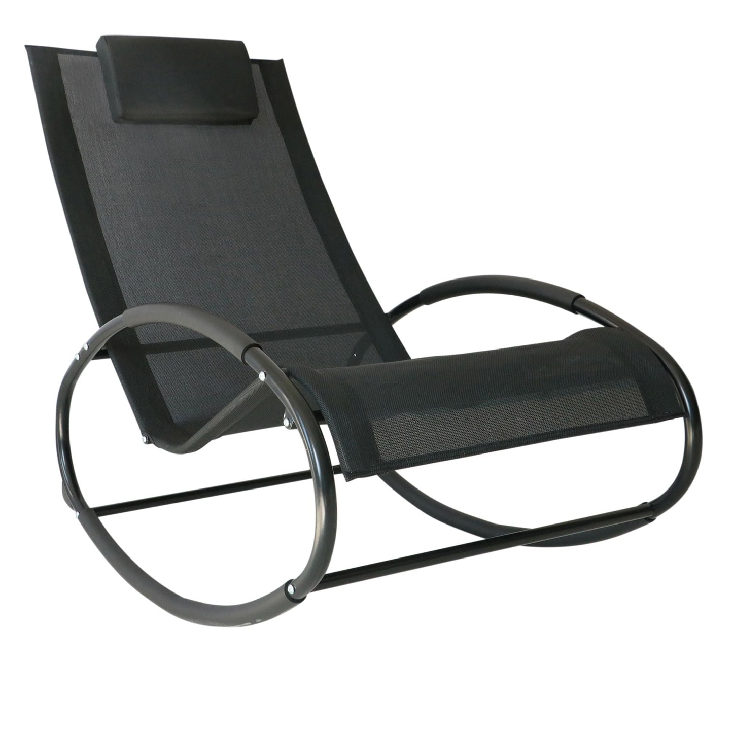 Outsunny Patio Rocking Chair, Outdoor Chaise Lounger with Headrest Pillow and Breathable Fabric for Backyard, Living Room, Deck and Poolside, Black - 7DAY'S