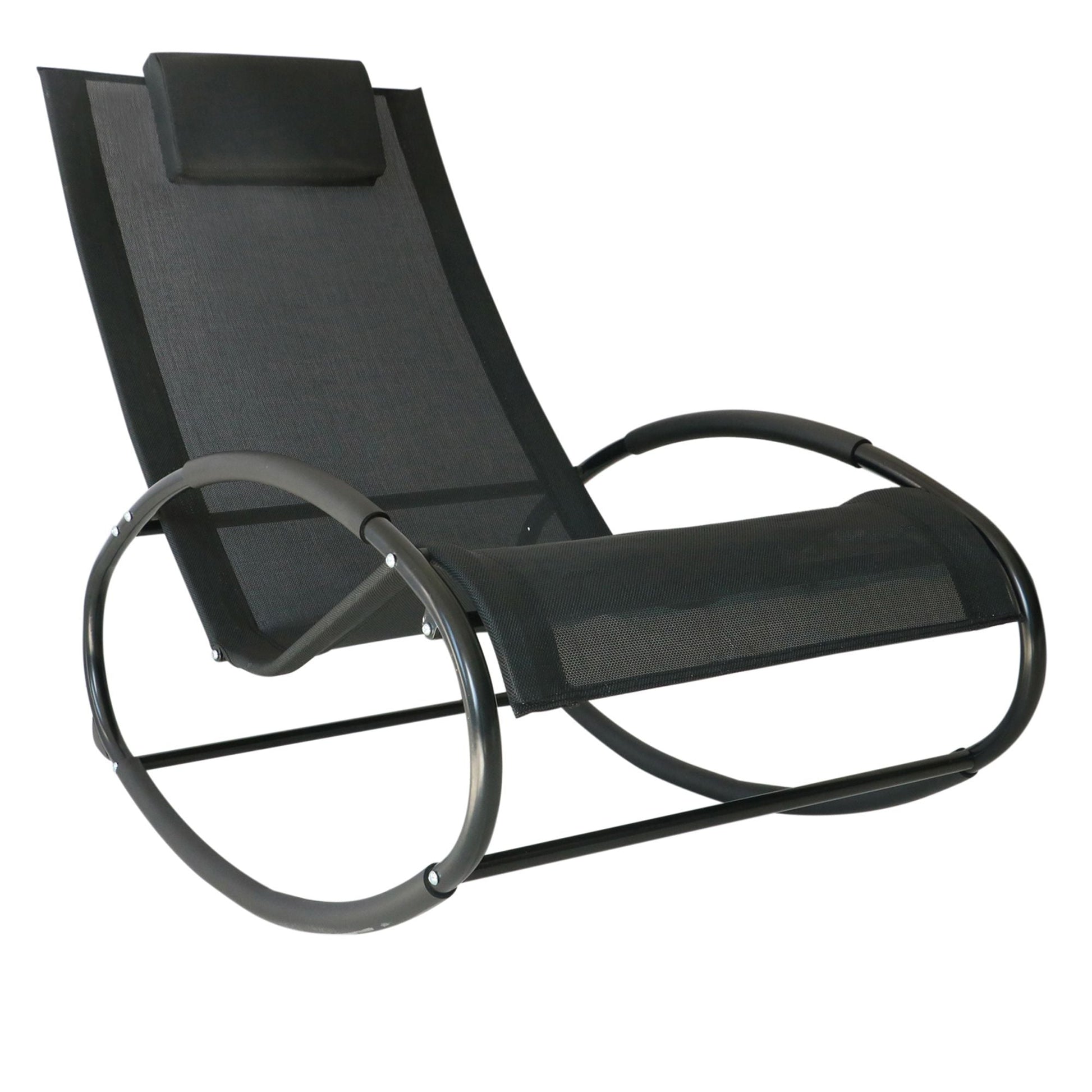 Outsunny Patio Rocking Chair, Outdoor Chaise Lounger with Headrest Pillow and Breathable Fabric for Backyard, Living Room, Deck and Poolside, Black - 7DAY'S