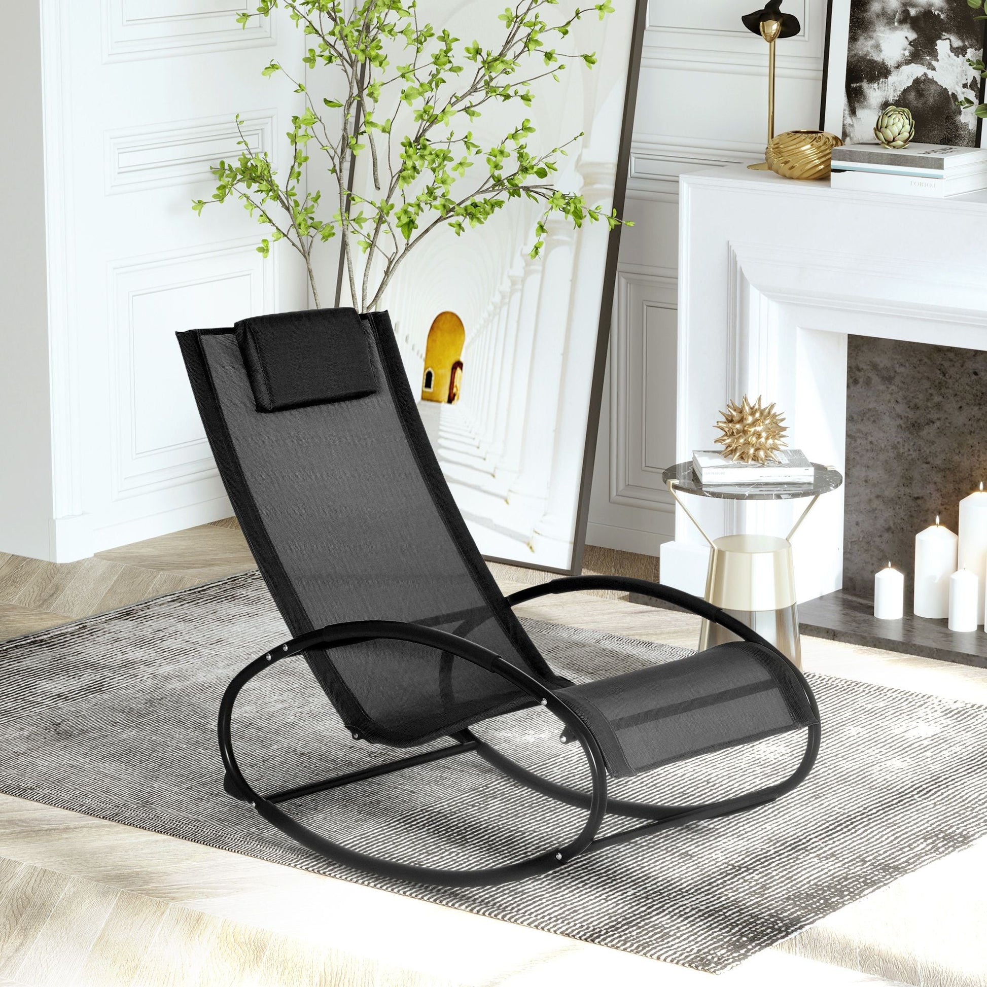 Outsunny Patio Rocking Chair, Outdoor Chaise Lounger with Headrest Pillow and Breathable Fabric for Backyard, Living Room, Deck and Poolside, Black - 7DAY'S