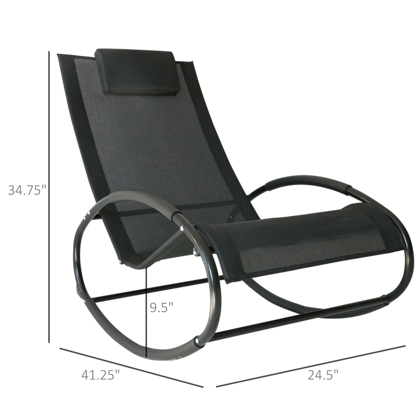Outsunny Patio Rocking Chair, Outdoor Chaise Lounger with Headrest Pillow and Breathable Fabric for Backyard, Living Room, Deck and Poolside, Black - 7DAY'S