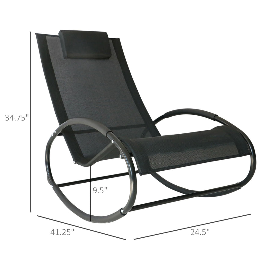Outsunny Patio Rocking Chair, Outdoor Chaise Lounger with Headrest Pillow and Breathable Fabric for Backyard, Living Room, Deck and Poolside, Black - 7DAY'S