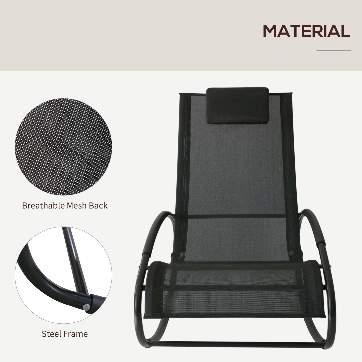 Outsunny Patio Rocking Chair, Outdoor Chaise Lounger with Headrest Pillow and Breathable Fabric for Backyard, Living Room, Deck and Poolside, Black - 7DAY'S