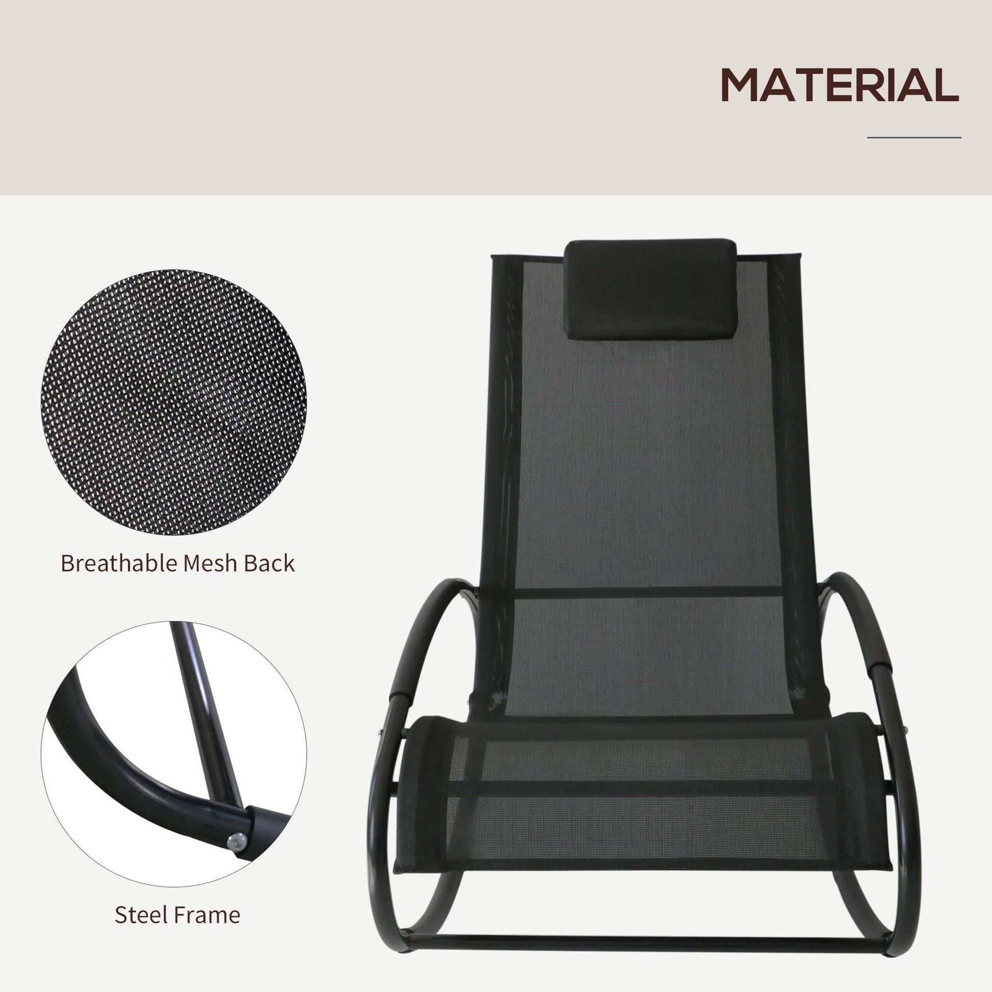 Outsunny Patio Rocking Chair, Outdoor Chaise Lounger with Headrest Pillow and Breathable Fabric for Backyard, Living Room, Deck and Poolside, Black - 7DAY'S